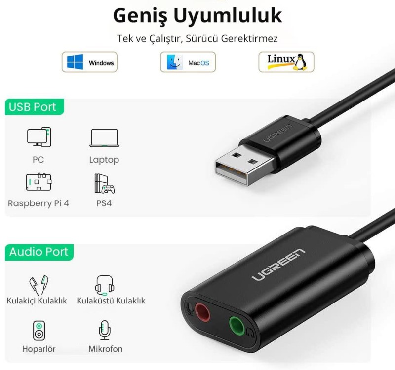 Ugreen Harici 3.5mm USB Ses Kartı Siyah