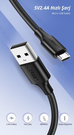 Ugreen Micro USB Data ve Şarj Kablosu Siyah 1 Metre - Thumbnail