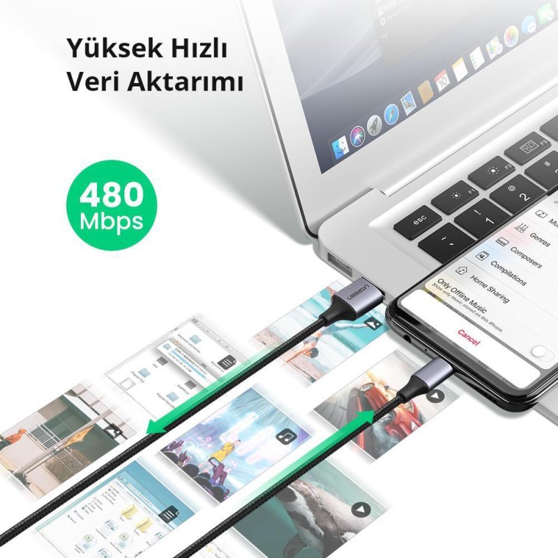 Ugreen Micro USB Örgülü Data ve Şarj Kablosu Beyaz 1.5 Metre