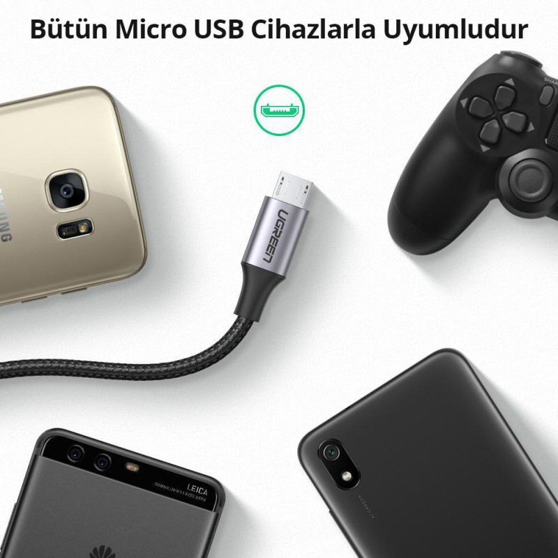Ugreen Micro USB Örgülü Data ve Şarj Kablosu Beyaz 1.5 Metre