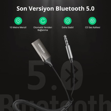 Ugreen Mikrofonlu 3.5mm Aux Bluetooth 5.0 Alıcı Adaptör Araç Kiti - Thumbnail