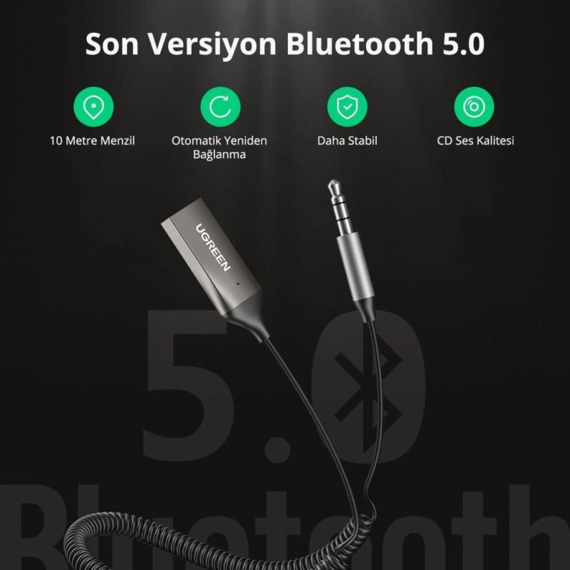 Ugreen Mikrofonlu 3.5mm Aux Bluetooth 5.0 Alıcı Adaptör Araç Kiti