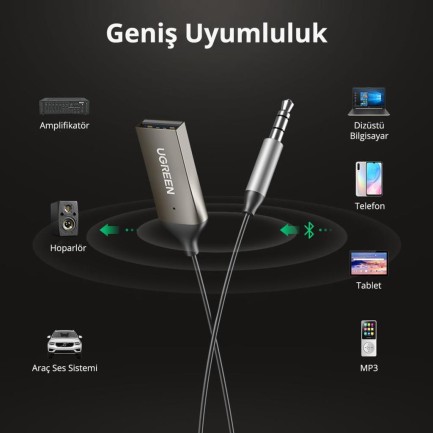 Ugreen Mikrofonlu 3.5mm Aux Bluetooth 5.0 Alıcı Adaptör Araç Kiti - Thumbnail