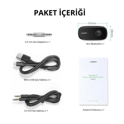 Ugreen Mikrofonlu Aux Bluetooth 5.0 Aptx Araç Kiti - Thumbnail