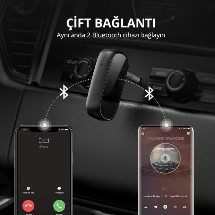 Ugreen Mikrofonlu Aux Bluetooth 5.0 Aptx Araç Kiti - Thumbnail