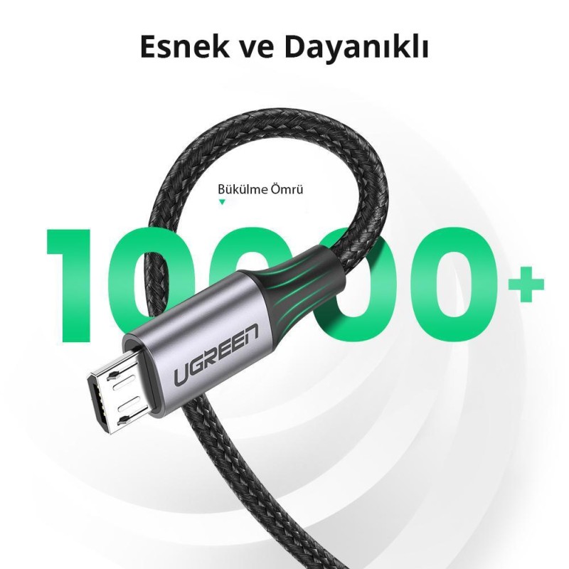 Ugreen Örgülü Micro USB Data ve Şarj Kablosu Siyah 50 CM