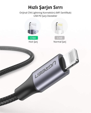 Ugreen Örgülü Type-C to Lightning iPhone Hızlı Şarj Kablosu Siyah 1 Metre - Thumbnail