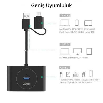Ugreen Type-C 4 Portlu USB 3.0 Hub Çoklayıcı - Thumbnail
