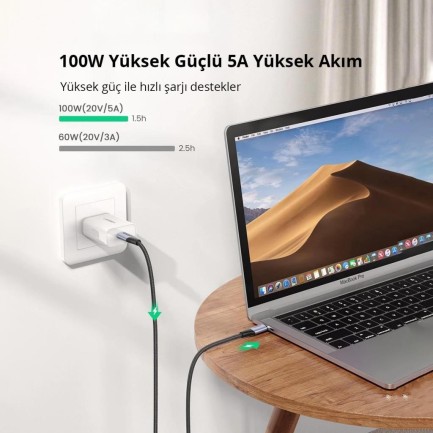 Ugreen Type-C to Type-C USB 3.1 Gen2 5A 100W Thunderbolt 3 Data ve Şarj Kab - Thumbnail