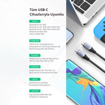 Ugreen Type-C to Type-C USB 3.1 Gen2 5A 100W Thunderbolt 3 Data ve Şarj Kab - Thumbnail