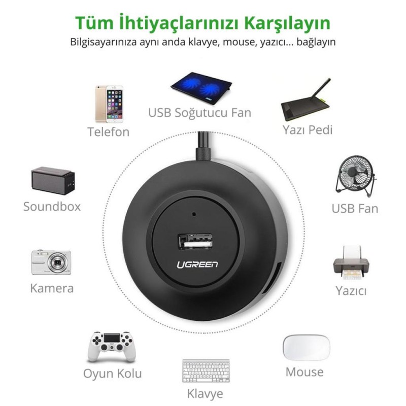 Ugreen USB 2.0 4 Portlu Hub Çoklayıcı Siyah