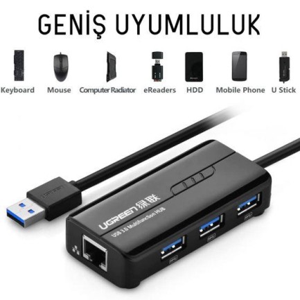 Ugreen USB 3.0 Gigabit Ethernet RJ45 Dönüştürücü USB Çoklayıcı - Thumbnail