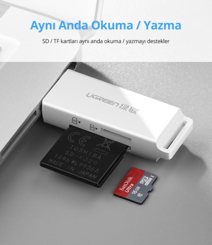 Ugreen USB 3.0 SD ve Micro SD Kart Okuyucu Beyaz