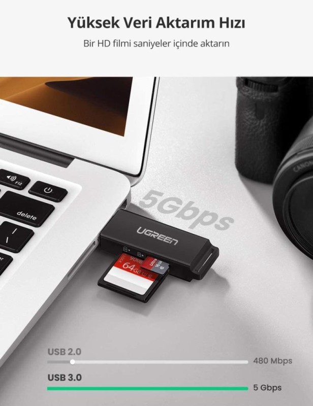 Ugreen USB 3.0 SD ve Micro SD Kart Okuyucu Siyah