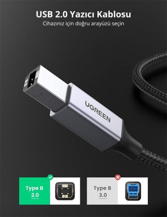 Ugreen USB-A to USB-B 2.0 Örgülü Yazıcı Kablosu 1 Metre - Thumbnail