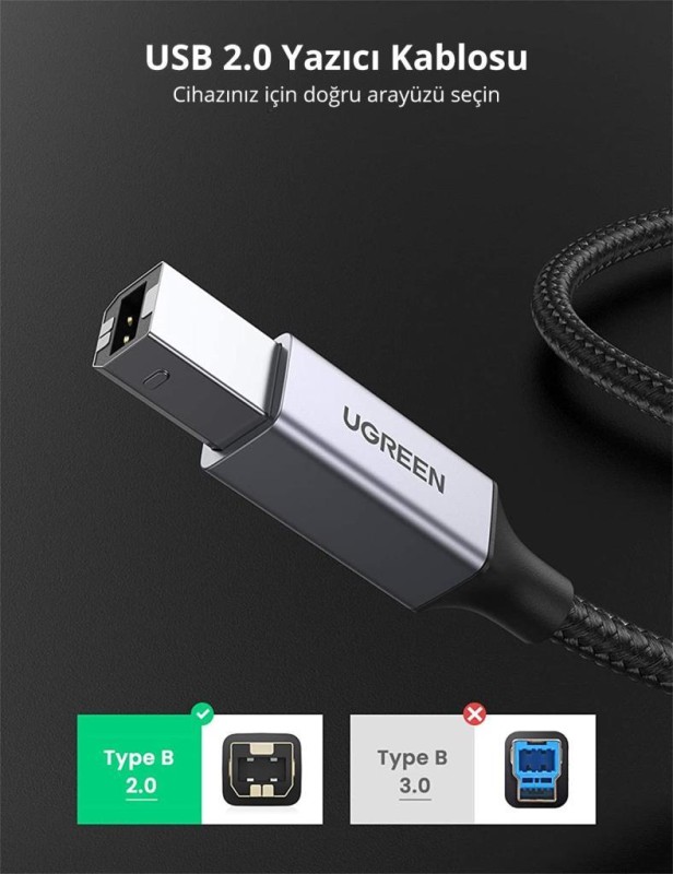 Ugreen USB-A to USB-B 2.0 Örgülü Yazıcı Kablosu 1 Metre