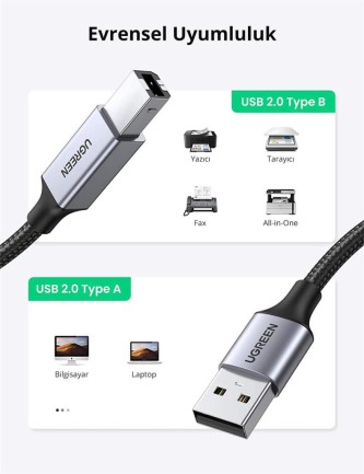 Ugreen USB-A to USB-B 2.0 Örgülü Yazıcı Kablosu 1 Metre - Thumbnail
