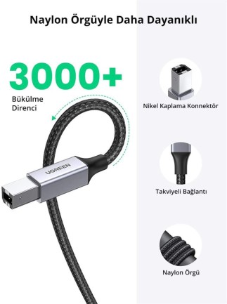 Ugreen USB-A to USB-B 2.0 Örgülü Yazıcı Kablosu 1 Metre - Thumbnail