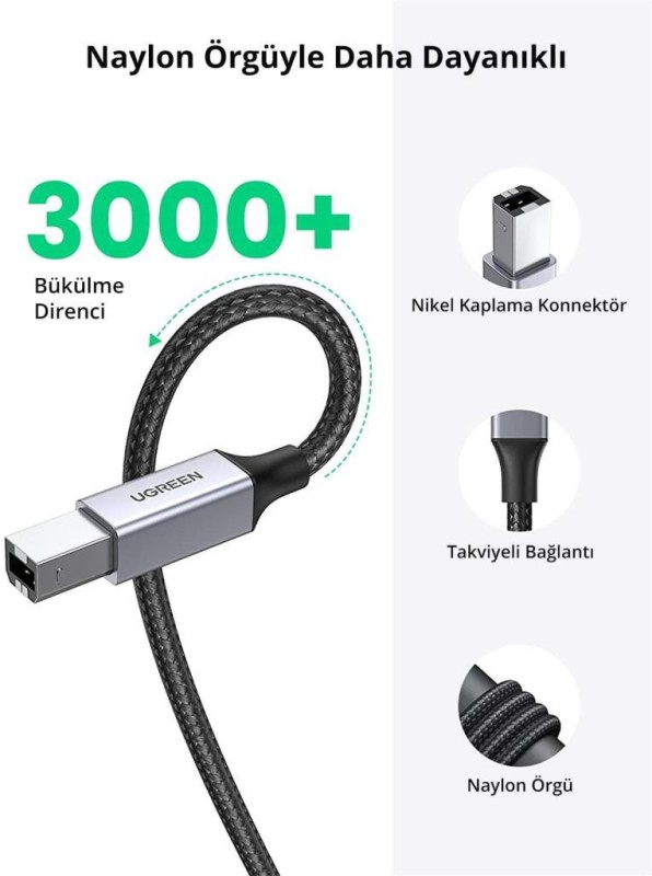 Ugreen USB-A to USB-B 2.0 Örgülü Yazıcı Kablosu 1 Metre