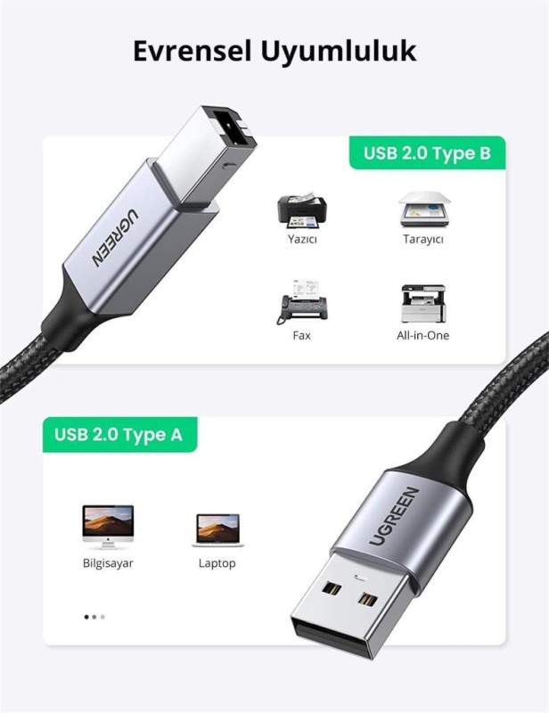 Ugreen USB-A to USB-B 2.0 Örgülü Yazıcı Kablosu 1 Metre