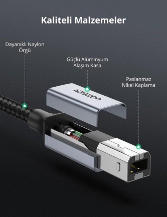 Ugreen USB-A to USB-B 2.0 Örgülü Yazıcı Kablosu 1 Metre - Thumbnail