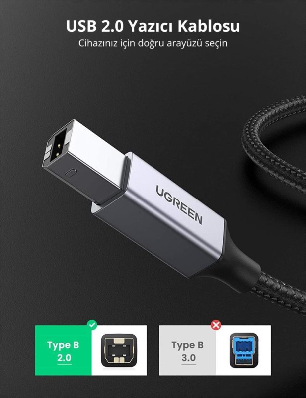Ugreen USB-A to USB-B 2.0 Örgülü Yazıcı Kablosu 2 Metre