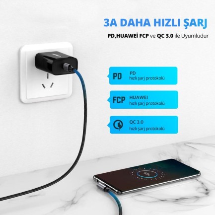 Ugreen Usb Type-C 3A 60W 90 Derece Şarj ve Data Kablosu - Thumbnail