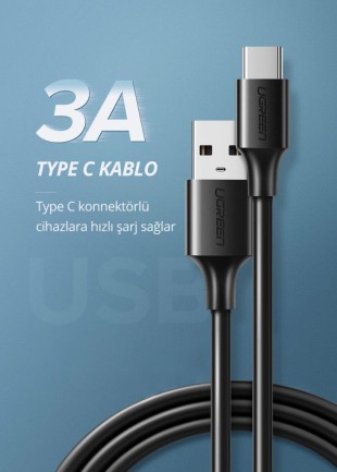Ugreen USB Type-C Şarj ve Data Kablosu Siyah 2 Metre - Thumbnail
