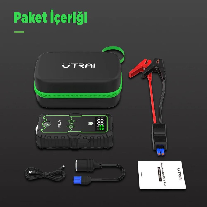 UTRAI JS-1 Pro 16000mAh 2500A Jump Starter Taşınabilir Akü Takviye Cihazı ( Kablosuz Şarj + Pusula + Çanta + Led lamba + Powerbank )