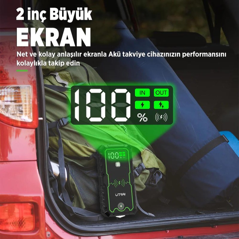 UTRAI JS-1 Pro 16000mAh 2500A Jump Starter Taşınabilir Akü Takviye Cihazı ( Kablosuz Şarj + Pusula + Çanta + Led lamba + Powerbank )