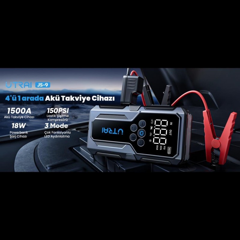 UTRAI JS-9 Jstar 9 15000mAh 1500A Akü Takviye Cihazı + Lastik Şişirme Pompası Taşınabilir Jump Starter (Çanta+Powerbank+Led Lamba+LCD Ekran)