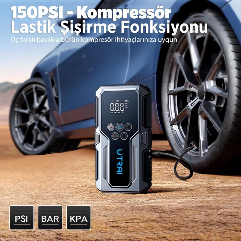 UTRAI JS-9 Jstar 9 15000mAh 1500A Akü Takviye Cihazı + Lastik Şişirme Pompası Taşınabilir Jump Starter (Çanta+Powerbank+Led Lamba+LCD Ekran)