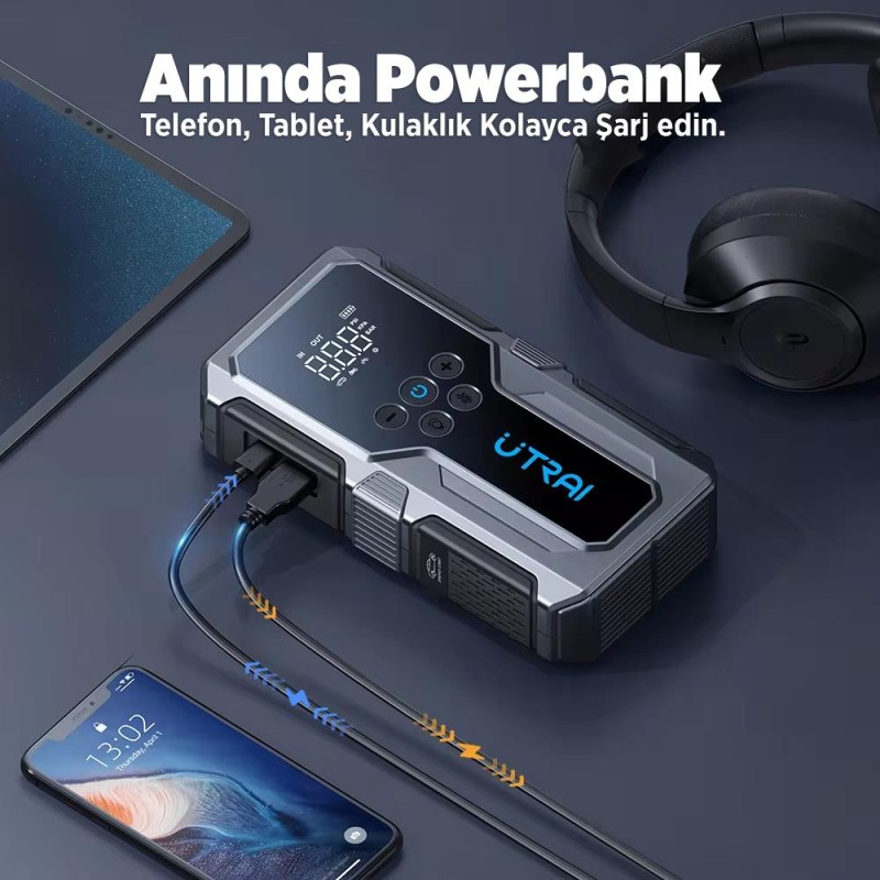 UTRAI JS-9 Jstar 9 15000mAh 1500A Akü Takviye Cihazı + Lastik Şişirme Pompası Taşınabilir Jump Starter (Çanta+Powerbank+Led Lamba+LCD Ekran)