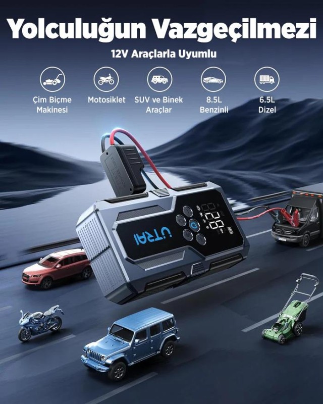UTRAI JS-9 Jstar 9 15000mAh 1500A Akü Takviye Cihazı + Lastik Şişirme Pompası Taşınabilir Jump Starter (Çanta+Powerbank+Led Lamba+LCD Ekran)