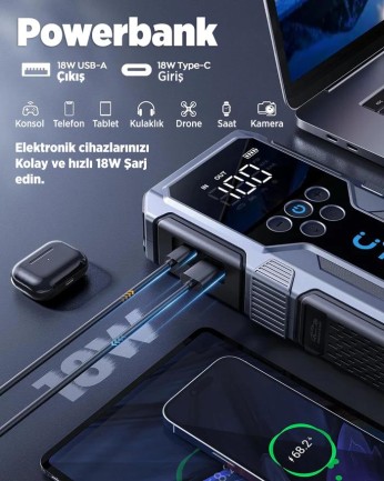 UTRAI JS-9 Jstar 9 15000mAh 1500A Akü Takviye Cihazı + Lastik Şişirme Pompası Taşınabilir Jump Starter (Çanta+Powerbank+Led Lamba+LCD Ekran) - Thumbnail