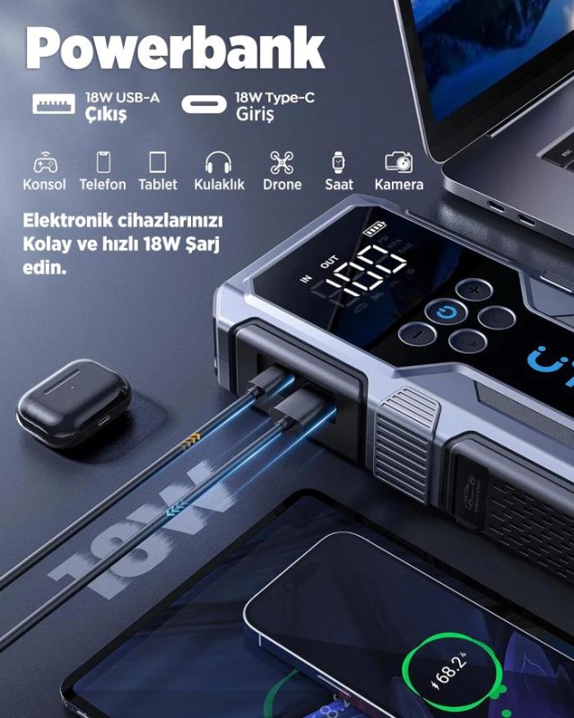 UTRAI JS-9 Jstar 9 15000mAh 1500A Akü Takviye Cihazı + Lastik Şişirme Pompası Taşınabilir Jump Starter (Çanta+Powerbank+Led Lamba+LCD Ekran)