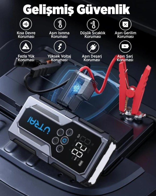 UTRAI JS-9 Jstar 9 15000mAh 1500A Akü Takviye Cihazı + Lastik Şişirme Pompası Taşınabilir Jump Starter (Çanta+Powerbank+Led Lamba+LCD Ekran)