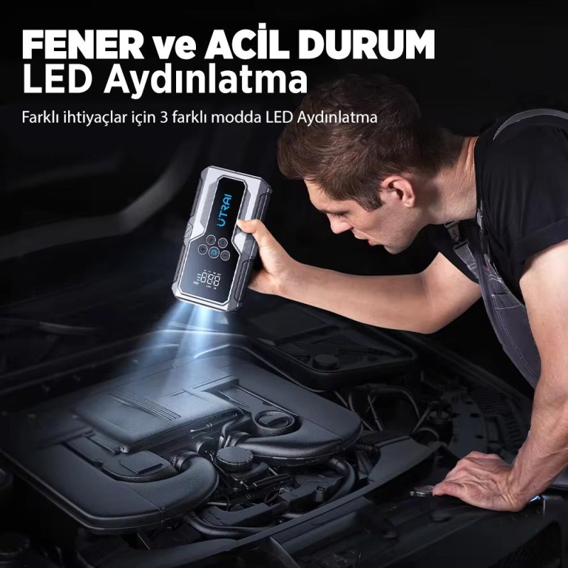 UTRAI JS-9 Jstar 9 15000mAh 1500A Akü Takviye Cihazı + Lastik Şişirme Pompası Taşınabilir Jump Starter (Çanta+Powerbank+Led Lamba+LCD Ekran)