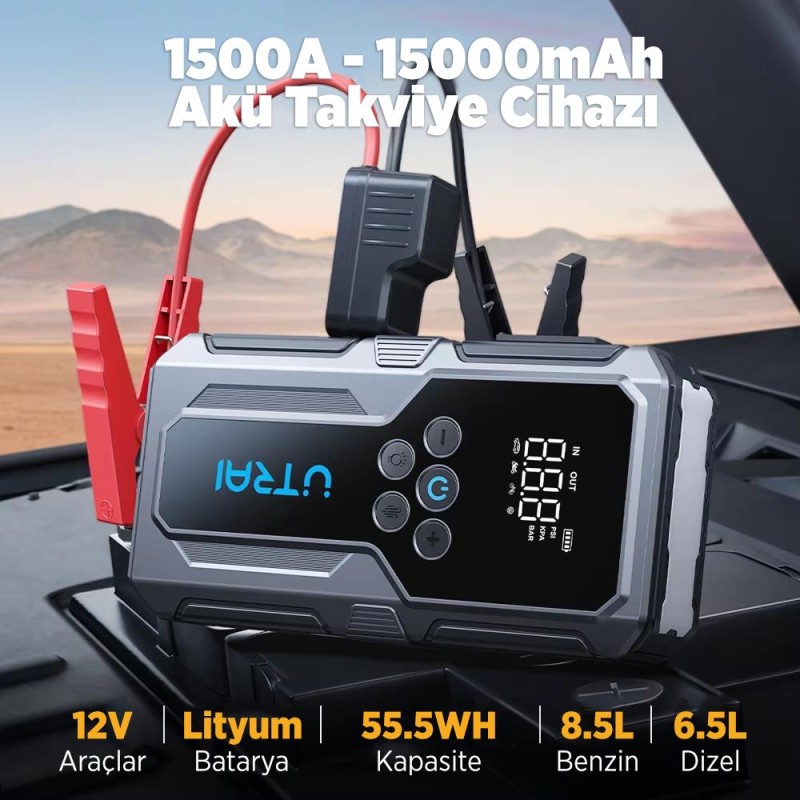 UTRAI JS-9 Jstar 9 15000mAh 1500A Akü Takviye Cihazı + Lastik Şişirme Pompası Taşınabilir Jump Starter (Çanta+Powerbank+Led Lamba+LCD Ekran)