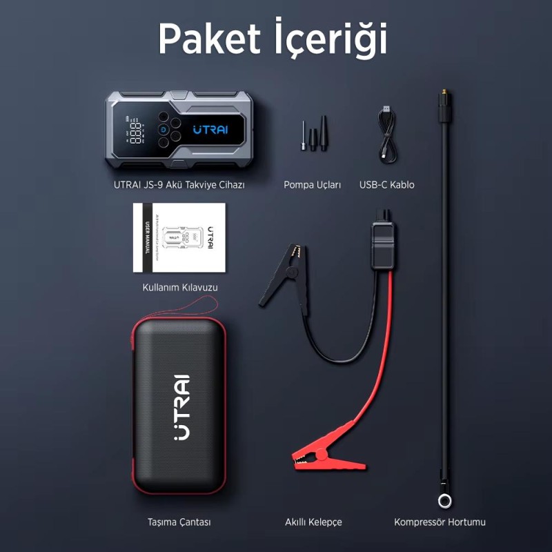 UTRAI JS-9 Jstar 9 15000mAh 1500A Akü Takviye Cihazı + Lastik Şişirme Pompası Taşınabilir Jump Starter (Çanta+Powerbank+Led Lamba+LCD Ekran)