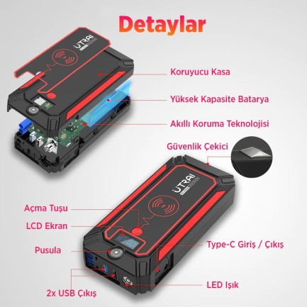 UTRAI Jstar 4 24000 mAh 2500A Jump Starter Taşınabilir Akü Takviye Cihazı ( Kablosuz Şarj + Pusula + Çanta + Led lamba + Powerbank ) - Thumbnail