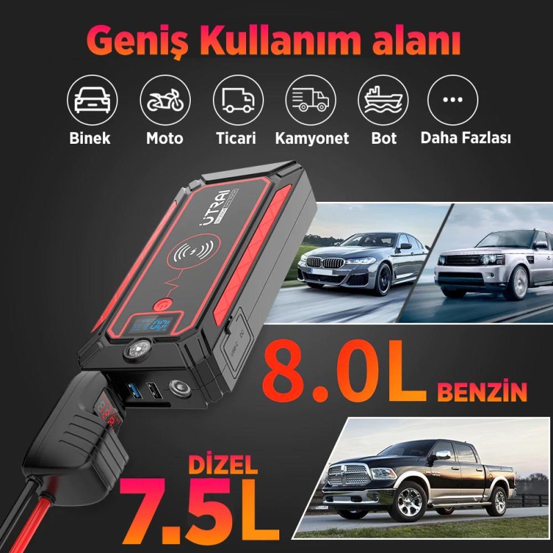 UTRAI Jstar 4 24000 mAh 2500A Jump Starter Taşınabilir Akü Takviye Cihazı ( Kablosuz Şarj + Pusula + Çanta + Led lamba + Powerbank )