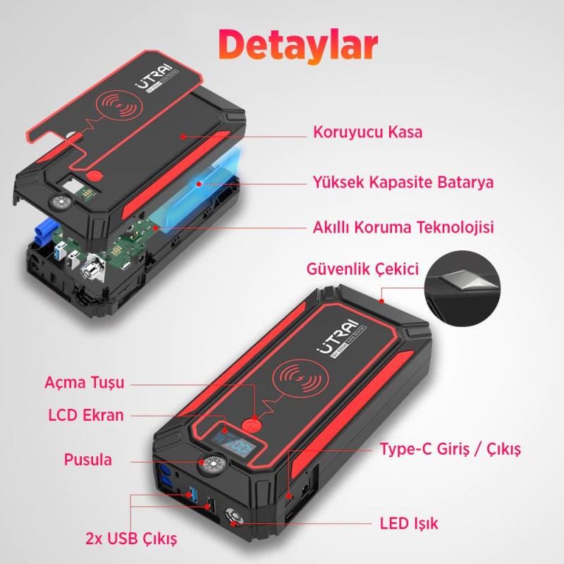 UTRAI Jstar 4 24000 mAh 2500A Jump Starter Taşınabilir Akü Takviye Cihazı ( Kablosuz Şarj + Pusula + Çanta + Led lamba + Powerbank )