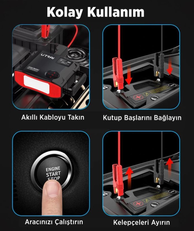 UTRAI Jstar 5 24000mAh 2000A Jump Starter + Lastik Şişirme Pompası Taşınabilir Akü Takviye Cihazı ( Çanta + LCD Ekran + Powerbank + Led Lamba)