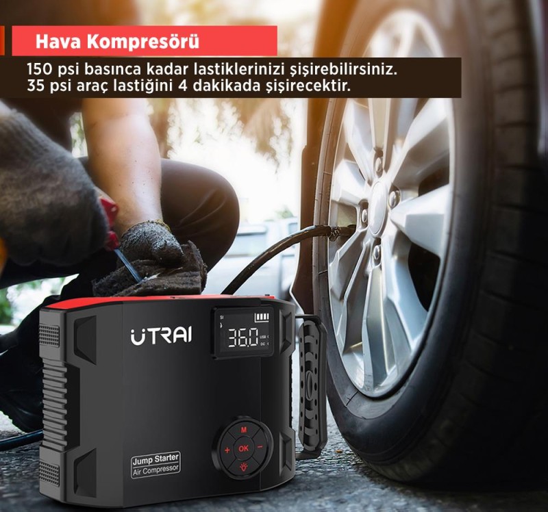 UTRAI Jstar 5 24000mAh 2000A Jump Starter + Lastik Şişirme Pompası Taşınabilir Akü Takviye Cihazı ( Çanta + LCD Ekran + Powerbank + Led Lamba)