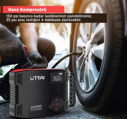 UTRAI Jstar 5 24000mAh 2000A Jump Starter + Lastik Şişirme Pompası Taşınabilir Akü Takviye Cihazı ( Çanta + LCD Ekran + Powerbank + Led Lamba) - Thumbnail