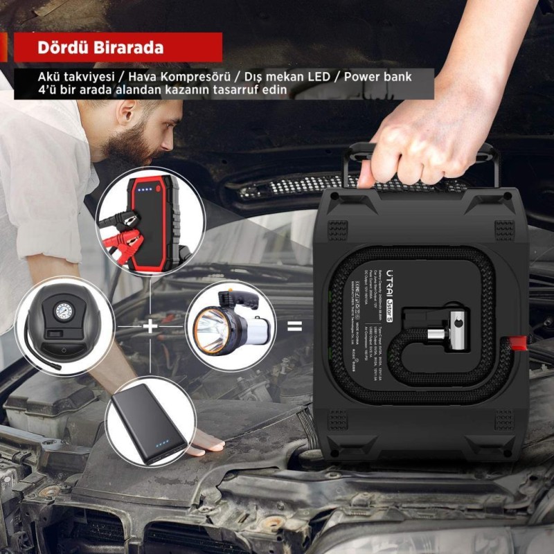 UTRAI Jstar 5 24000mAh 2000A Jump Starter + Lastik Şişirme Pompası Taşınabilir Akü Takviye Cihazı ( Çanta + LCD Ekran + Powerbank + Led Lamba)