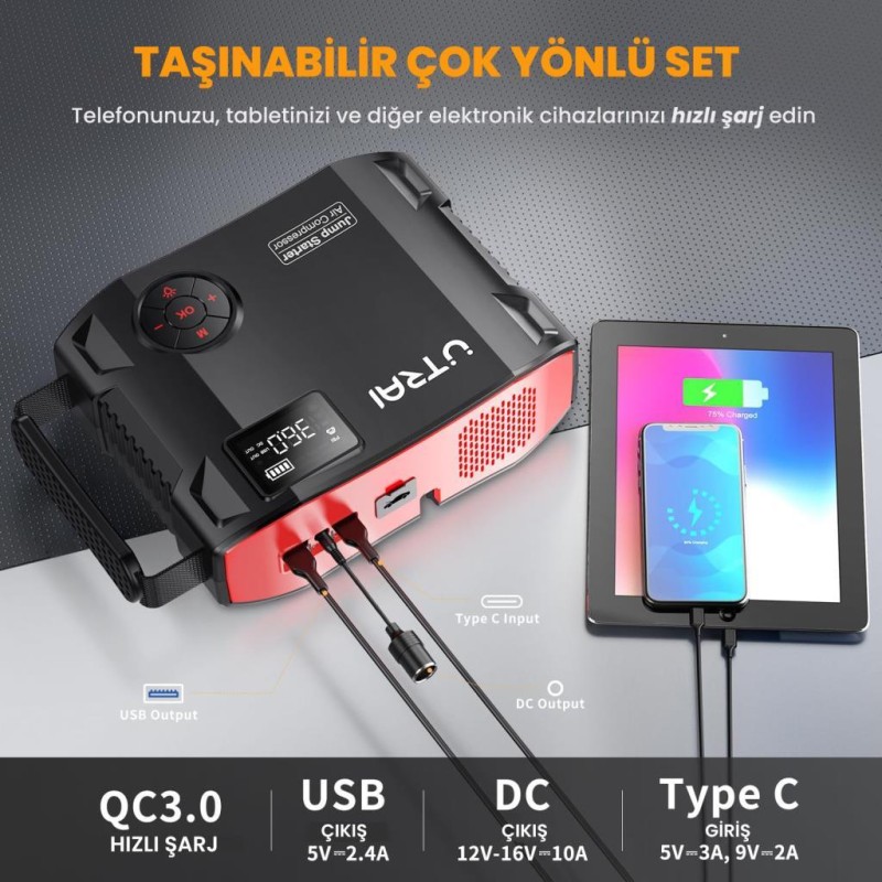 UTRAI Jstar 5 24000mAh 2000A Jump Starter + Lastik Şişirme Pompası Taşınabilir Akü Takviye Cihazı ( Çanta + LCD Ekran + Powerbank + Led Lamba)