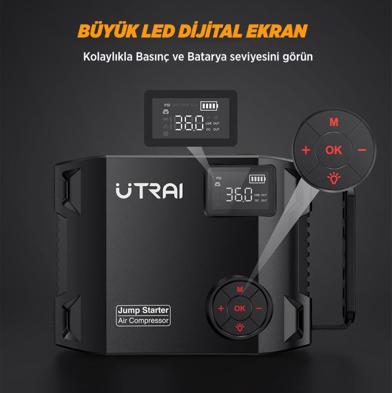 UTRAI Jstar 5 24000mAh 2000A Jump Starter + Lastik Şişirme Pompası Taşınabilir Akü Takviye Cihazı ( Çanta + LCD Ekran + Powerbank + Led Lamba)