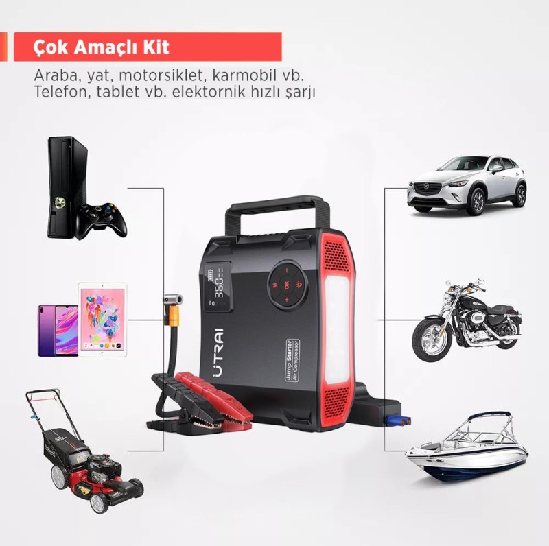 UTRAI Jstar 5 24000mAh 2000A Jump Starter + Lastik Şişirme Pompası Taşınabilir Akü Takviye Cihazı ( Çanta + LCD Ekran + Powerbank + Led Lamba)